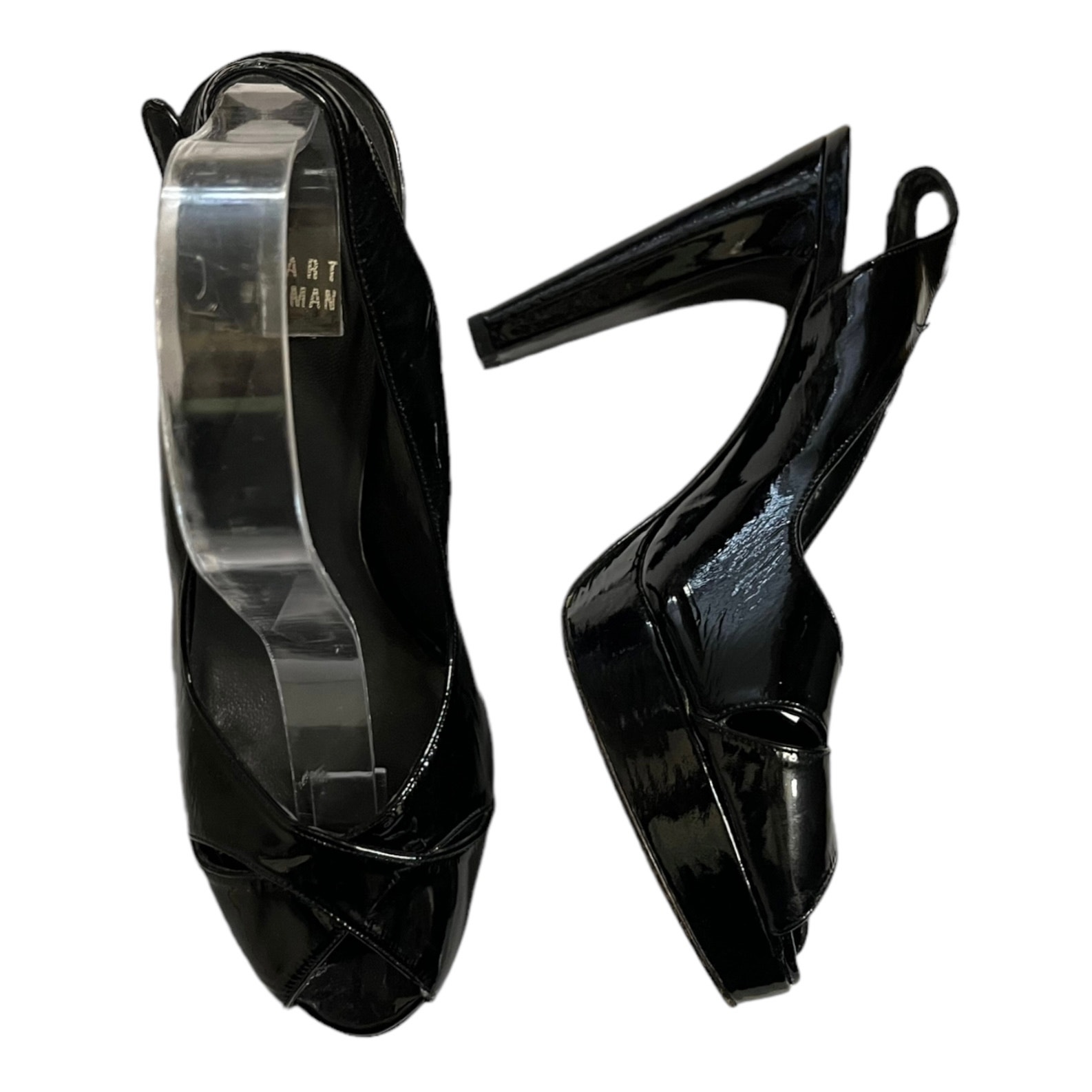 Stuart Weitzman Platform Patent Leather Pumps Peep Toe Slingback Block Heels 8.5